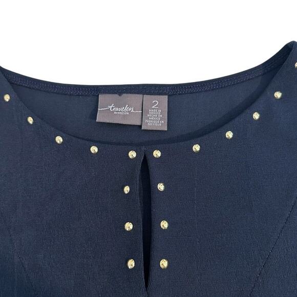 Travelers by Chico's Women's Studded Tunic Top Size 2 / L Navy Blue Acetate - Picture 5 of 8